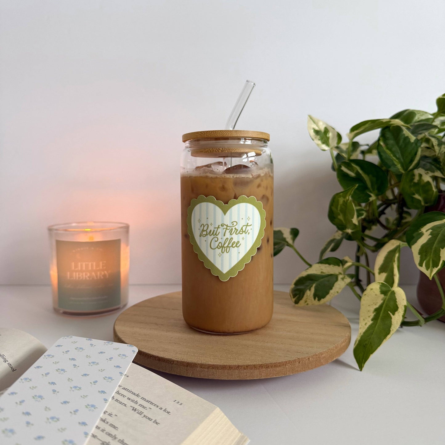 But First Coffee Iced Coffee Glass: Glass + Lid + Bent Straw