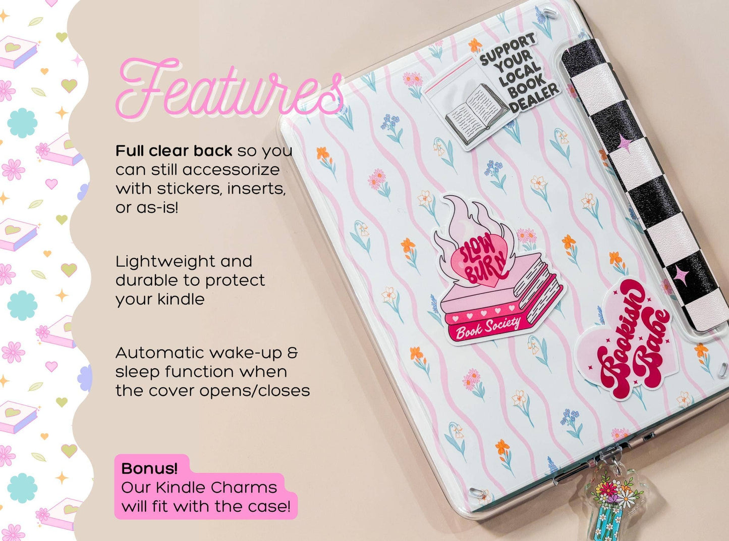 Checkered Blooms Clear Back Kindle Case: PPW 12th Gen