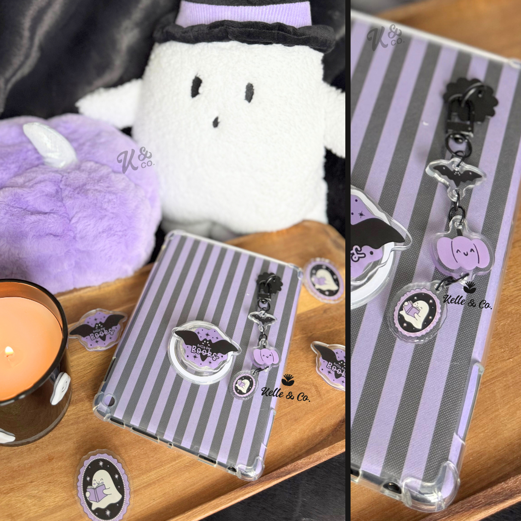 Halloween bookish kindle charm, spooky kindle strap keychain