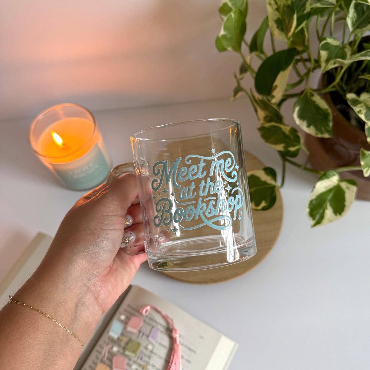 Meet me at the Bookshop Bookish Glass Mug – Aesthetic Clear Mug for Coffee & Book Lovers