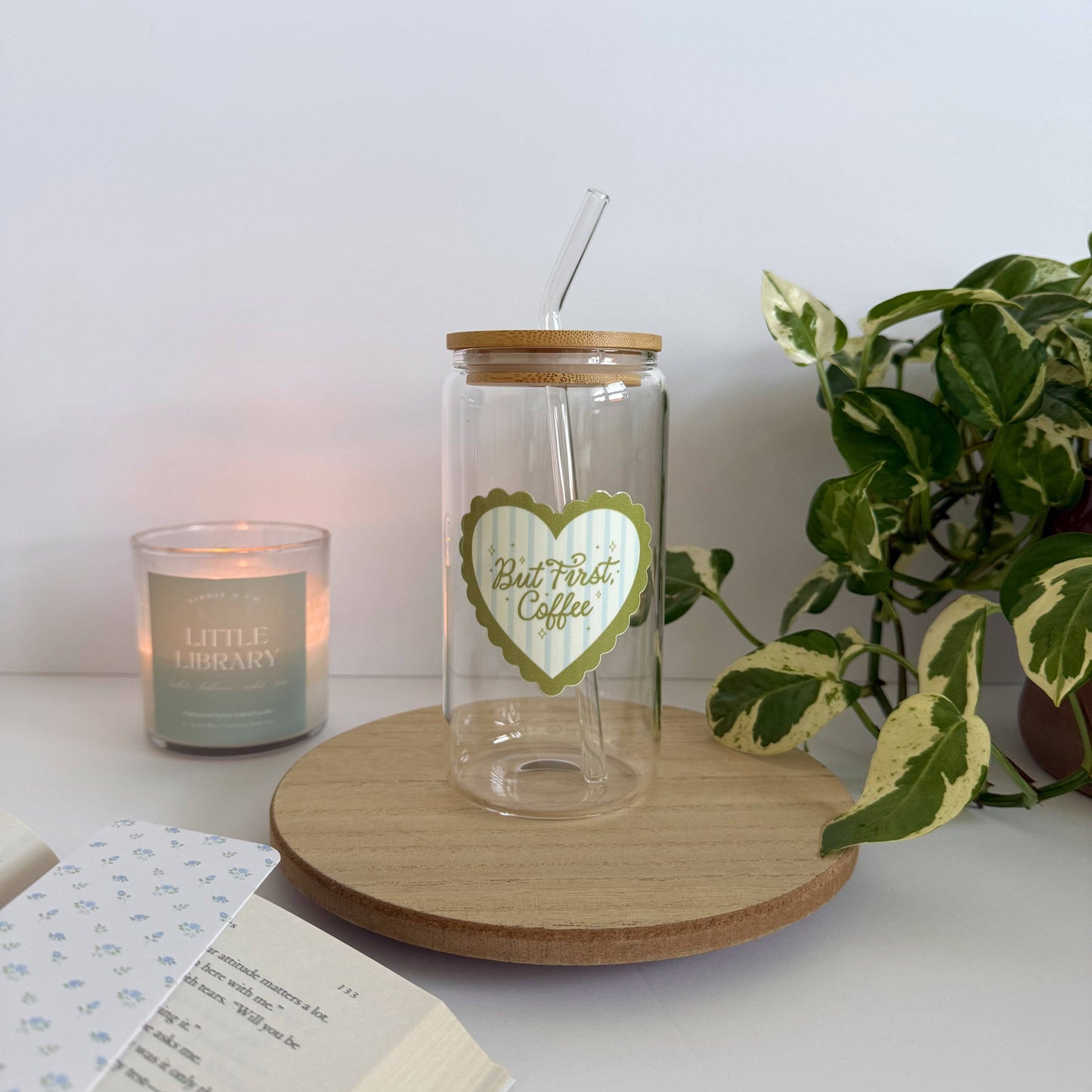 But First Coffee Iced Coffee Glass: Glass + Lid + Bent Straw